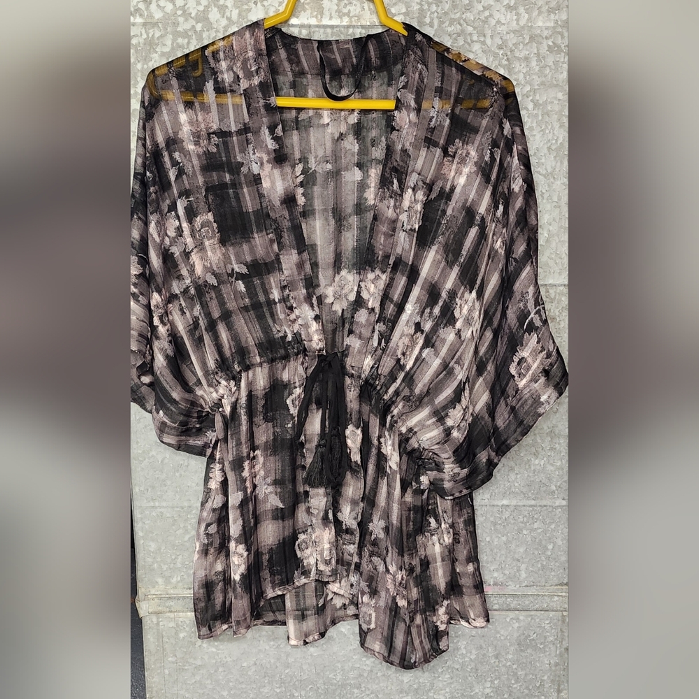 Sheer Cover Up Top Black Floral With Waist Tie Womens Small